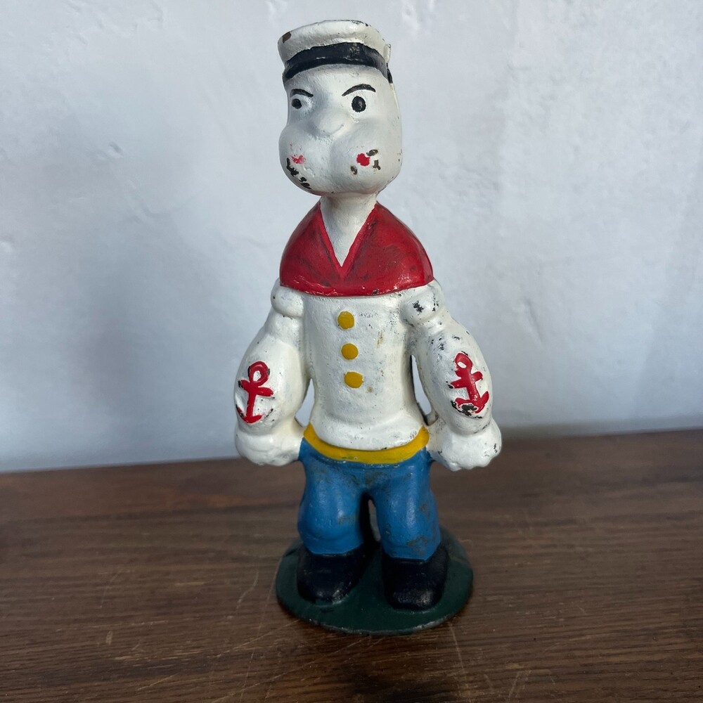 VTG Popeye Sailor Cast Iron Still Coin Bank 6" Hand Painted Unmarked Antique 40s